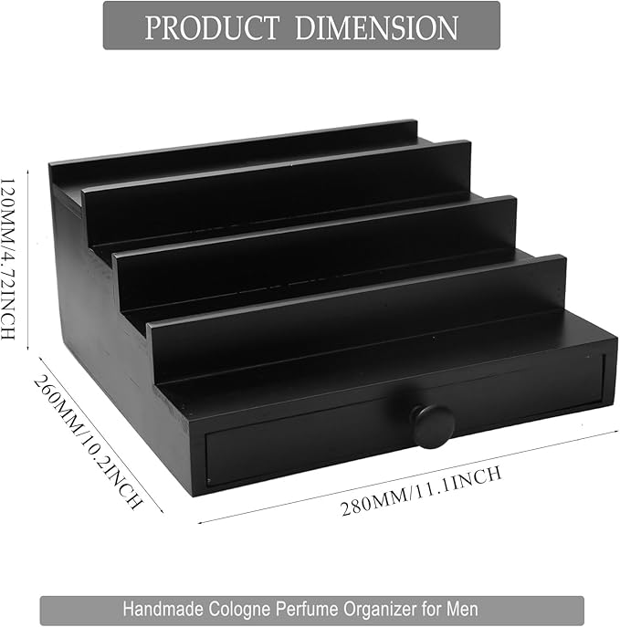 Black Cologne Organizer for Men - 4 Tier Wooden Perfume Display Stand with Drawer and Hidden Compartment for Organizing and Storing, Cologne Holder Shelf for Dresser