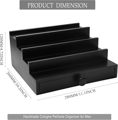 Black Cologne Organizer for Men - 4 Tier Wooden Perfume Display Stand with Drawer and Hidden Compartment for Organizing and Storing, Cologne Holder Shelf for Dresser