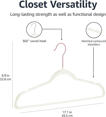 Amazon Basics Slim Velvet Non-Slip Space Saving Suit Clothes Hangers, Closet Organizer, Sturdy Construction, Ivory/Rose Gold, 50-Pack