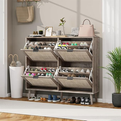 ZeHuoGe Large Rattan Shoe Cabinet with 4 Flip Drawers, Large Shoe Organizer Storage Cabinet, Entryway Narrow Shoe Rack, for Entrance Hallway (4 Drawers)