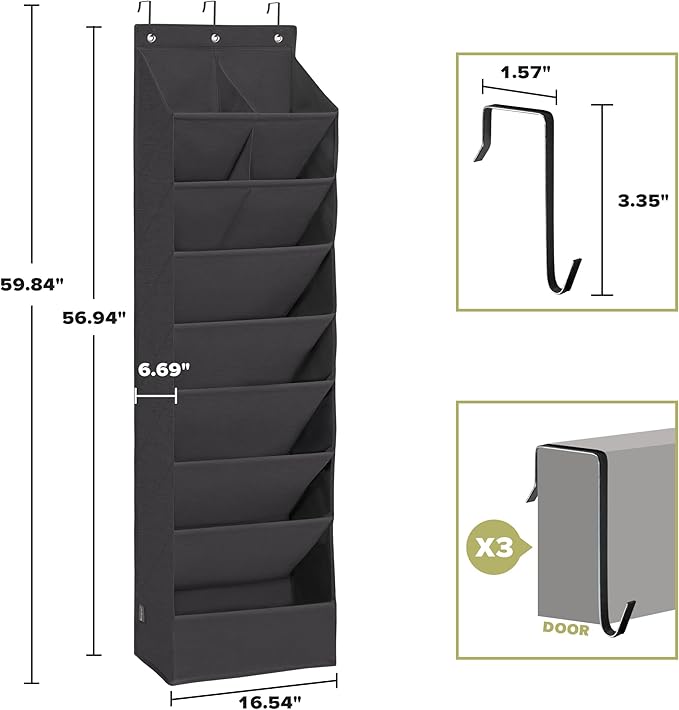 Over Door Organizer with 10 Extra Large Pockets, 23 Pairs Shoes Large Capacity Hanging Storage Organizer for Shoes, Diapers, Black, 8 Layers, 2-Pack