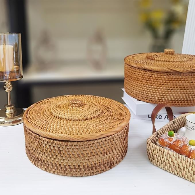 Rattan Basket With Lid, Lidded Wicker Storage Basket for Organizing, Woven Box, Rattan Storage Bin for Shlef or Table, Natural