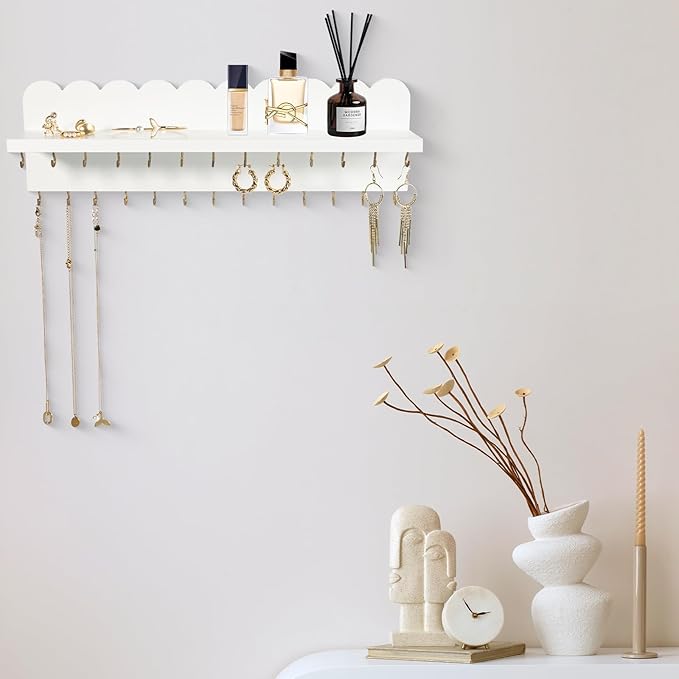 Wall Mount Jewelry Organizer with 26 Hooks and Cosmetics Shelf, Modern Wood Hanging Jewelry Holder for Necklaces, Bracelets, Earrings and Rings, White