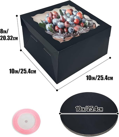 qiqee Black 10x10x8 Cake Box, 4 Sets Cake Box with Window ＆ 4 Sets 10" Cake Round Boards, 10inch Cake Containers, 10 Meters Pink Silk Ribbon Includes