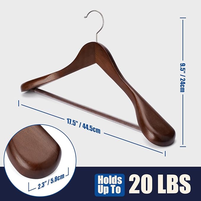 Wooden Coat Hangers - Wide Shoulder Hangers with Non Slip Pants Holder, Heavy Duty, for Men, Women, Suit, Coat, Jacket, Pants (Walnut, 10 Pack)