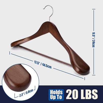 Wooden Coat Hangers - Wide Shoulder Hangers with Non Slip Pants Holder, Heavy Duty, for Men, Women, Suit, Coat, Jacket, Pants (Walnut, 10 Pack)