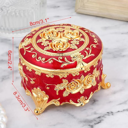 Retro round jewelry box creative small accessory storage box metal chest ring box collection commemorative box earring box earring necklace storage box women's gift small (Red)