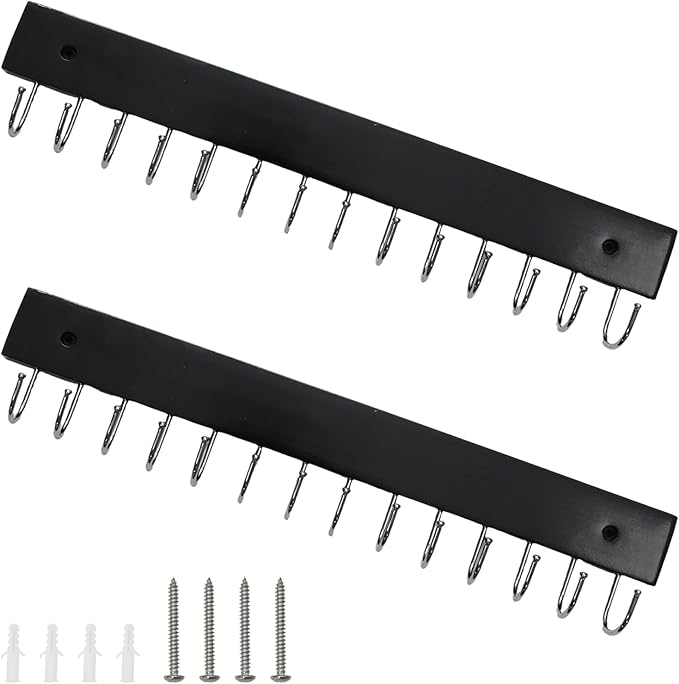 2 PCS Black Hanging Jewelry Organizer, Wooden Wall Mounted Necklace Holder with 28 Hooks, Jewelry Display Hangers, Coat Rack Belt Organizer for Bags, Ties, Keys(Black)