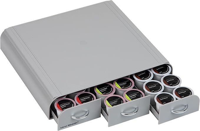 Mind Reader Single Serve Coffee Pod Organizer with 3 Drawers, 36 Pod Capacity, Countertop, 13.5"L x 12.25"W x 2.5"H, Gray