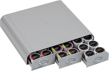 Mind Reader Single Serve Coffee Pod Organizer with 3 Drawers, 36 Pod Capacity, Countertop, 13.5"L x 12.25"W x 2.5"H, Gray