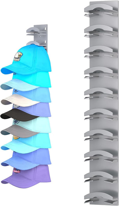 Hat Organizer for Baseball Caps, Hat Rack for Wall with Strong Adhesive Hold up to 10 Hats, Hat Hanger Holder Display for Door Closet, Cap Organizer Storage Multilayer Two Mounting Option(Grey)