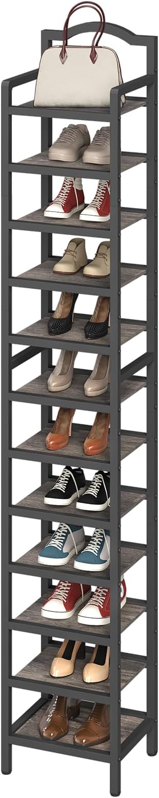 YATINEY 12-Tier Tall Shoe Rack, Vertical Shoe Organizer for Small Spaces, Wooden Shoe Shelf for Entryway, Space Saving Shoe Storage, Holds 12 Pairs of Shoes, Charcoal Gray and Black SS52BC