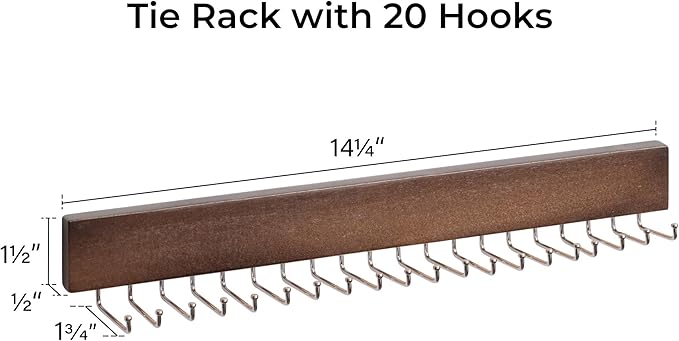 StorageWorks Tie Rack with 20 Hooks, 2-Pack Wall-Mounted Wooden Hangers for Neckties, Belts, Hats, Natural Walnut Color