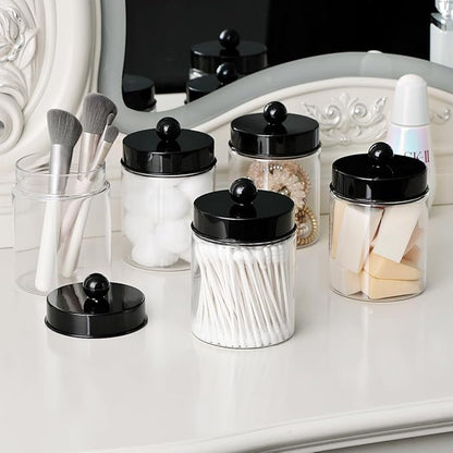 Amolliar Apothecary Jars Bathroom Vanity Storage Organizer Set -Countertop Canister Plastic Acrylic Jar - Farmhouse Decor Qtip Holder for Cotton Swabs,Makeup Sponges,Flossers,Paper Clips -Black(2)