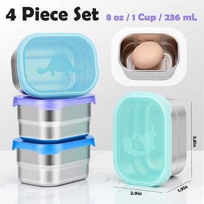 Tanjiae 4×8oz Small Stainless Steel Snack Containers for Kids & Toddlers - 230mL Leakproof Food Containers with Cute Dino Lids | LFGB Certified, Stackable Metal Snack Box for Daycare, School, Travel