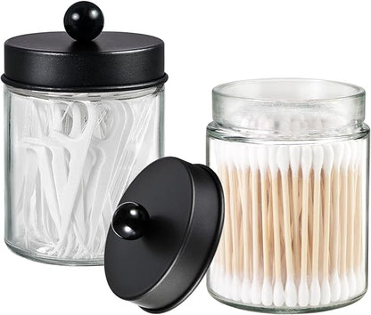 3 Pack Apothecary Jar Canisters Bathroom Vanity Organizer - Qtip Holder Storage Organizer Set Countertop Canister with Stainless Steel Lids &Cute Stickers for Qtips,Cotton Swabs,Makeup Sponges,Floss