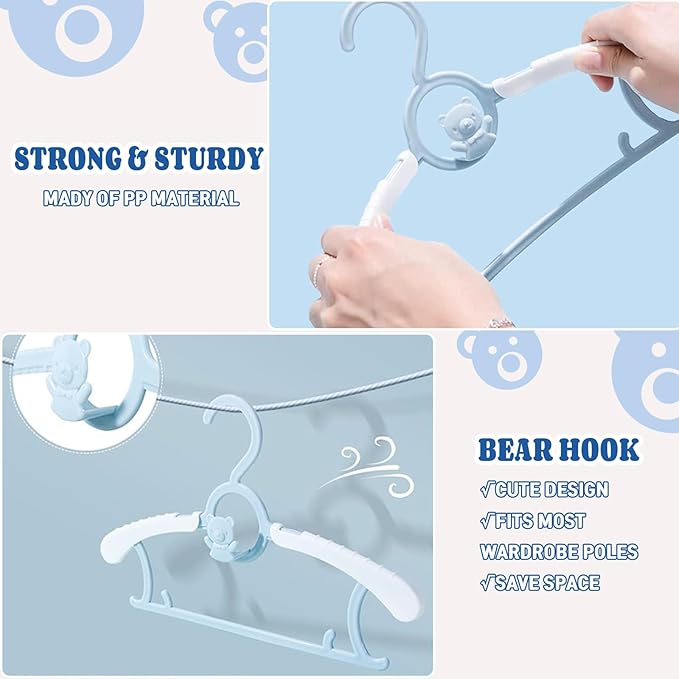 HGYZE Kids Hangers 11"-14" Adjustable Plastic Baby Boy Hangers 20 Pack, Toddler Bear Hanger for Children's Clothes Sweaters, Infant Hangar for Closet with Non-Slip Shoulder Grooves & Pants Bar, Blue