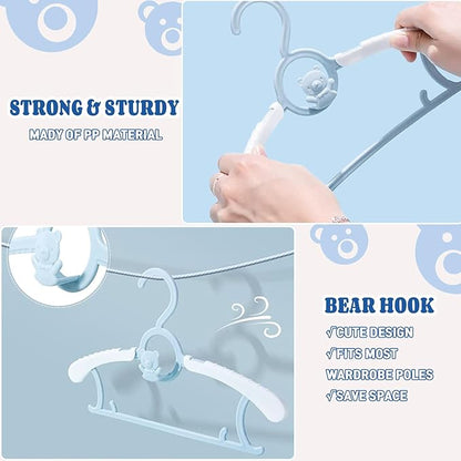 HGYZE Kids Hangers 11"-14" Adjustable Plastic Baby Boy Hangers 20 Pack, Toddler Bear Hanger for Children's Clothes Sweaters, Infant Hangar for Closet with Non-Slip Shoulder Grooves & Pants Bar, Blue