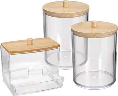 Hipiwe 3 Pack Acrylic Bathroom Apothecary Jar Clear Qtip Holder Dispenser with Lid Plastic Canister Set Bathroom Accessories Storage Organizer for Cotton Round Floss Picks