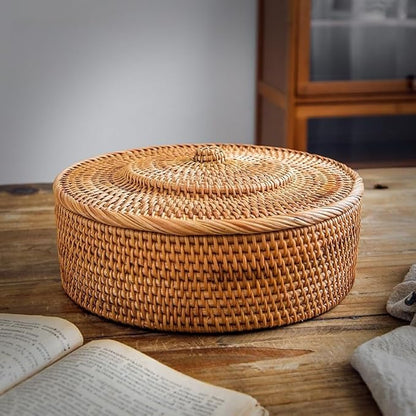 Rattan Basket With Lid, Lidded Wicker Storage Basket for Organizing, Woven Box, Rattan Storage Bin for Shlef or Table, Natural