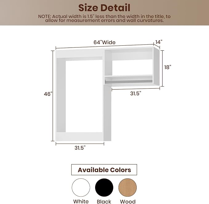 ROOMTEC Modular Closet System, 64" Wall-Mounted Closet Organizer with Hanging Rods, Wooden Tower for Walk-In Closets, Wardrobe Storage Kit, White