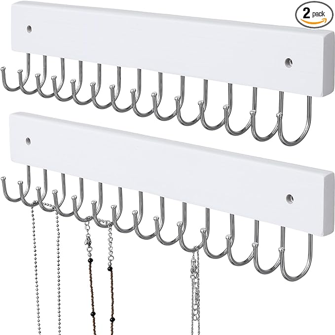 SCUNDA Hanging Jewelry Organizer Wall Mounted, Modern Jewelry Display with 28 Hooks, Decorative Necklace Holder for Wall, Space Saving Necklace Hooks, (2 Packs, White)