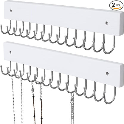 SCUNDA Hanging Jewelry Organizer Wall Mounted, Modern Jewelry Display with 28 Hooks, Decorative Necklace Holder for Wall, Space Saving Necklace Hooks, (2 Packs, White)