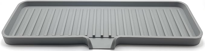 Silicone Soap Dish Tray and Sponge Holder with Drain Chute, Rectangular, Kitchen and Bathroom Sink Organizer (Grey, 12"x4")