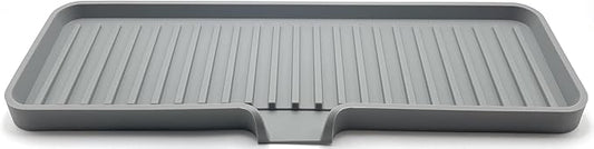 Silicone Soap Dish Tray and Sponge Holder with Drain Chute, Rectangular, Kitchen and Bathroom Sink Organizer (Grey, 12"x4")