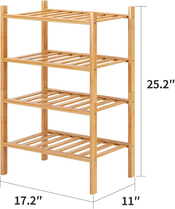 Small Shoe Rack, 4-Tier Bamboo Stackable Shoe Shelf Storage Organizer, Shoe Stand for Closet, Entryway and Hallway