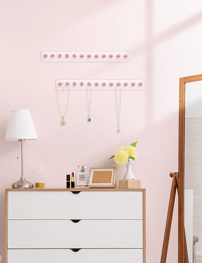 Heesch Necklace Holder Pink, Acrylic Necklace Hanger Wall Mount, Hanging Necklace Organizer, Jewelry Hooks for Necklaces, Bracelets, Chains (2-pack Pink)