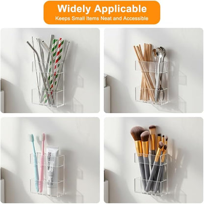 Acrylic Straw Holder for Cabinet Door, 2pcs Reusable Straw Organizer Storage with Sticky Adhesive Fits Both Short & Long Straws for Cabinet Kitchen Counter Cupboard Refrigerator