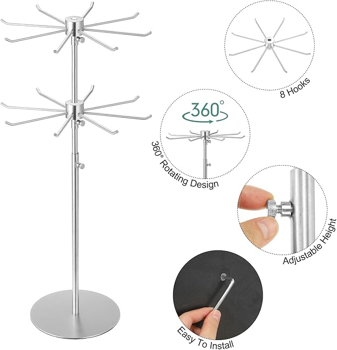 uxcell Keychain Display Stand, 1Pcs - Metal 2-layer Rotating Jewelry Display Stand with 8 Hook, Adjustable Display Rack for Necklace Craft Shows (Silver)