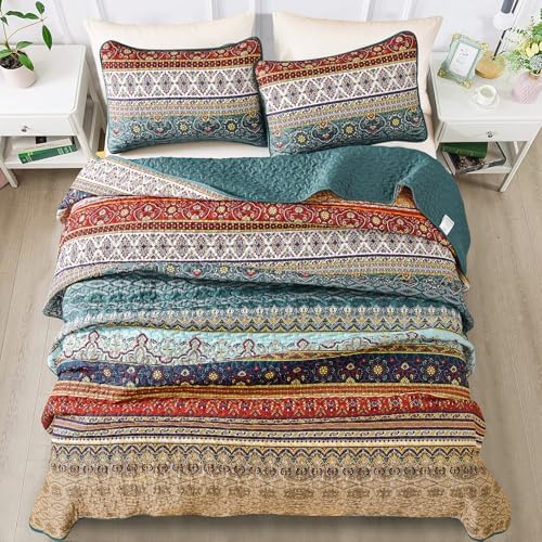 WONGS BEDDING Boho King Quilt Bedding Set, 3 Pieces Bedspread, Brown Green - Image 4