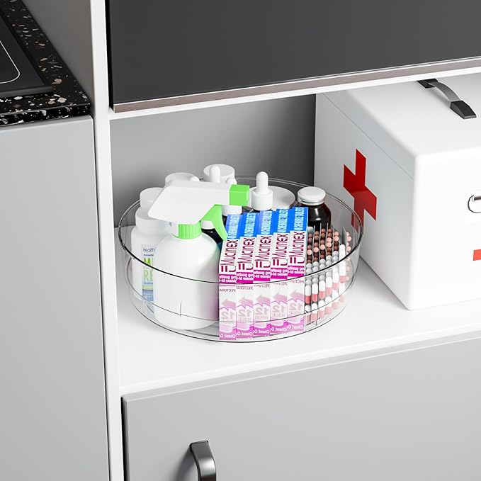 Yieach 4 Pack 12" W Clear Acrylic Lazy Susan Turntable for Cabinet,Refrigerator,Pantry and Kitchen - with Handle - Large Fridge Sauce Condiment Turn Table Organizer,Spinning Round Spice Rack Carousel