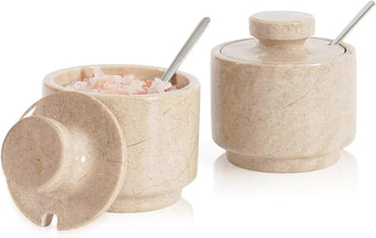 MARBLOUS KRAFTS Marble Salt Cellar 3" Inch Verona Stone Salt Container for Gift for Mom, Ideal Set of 2 Coffee Storage Container Kitchen Countertop, Candy Jars with Lids and Spoons, Spice Storage
