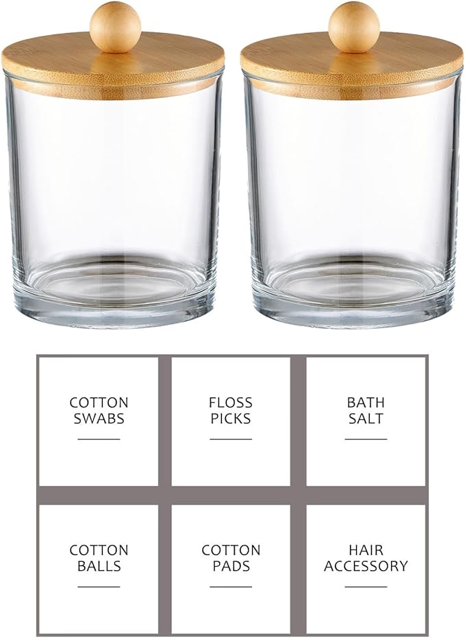 Glass Apothecary Jars with Bamboo Lids for Bathroom Organization, Q tip Holder and Cotton Ball Holder are Great for Farmhouse Decor, Rustic Bathroom Decor-2 Pack