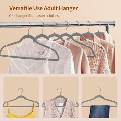 Stormix 36 Pack Velvet Hangers, 17.3 x 8.9 Inches Clothes Hangers, Non Slip Dresses Hangers with Shoulder Notches for Adult Gray - Rose Gold Hook