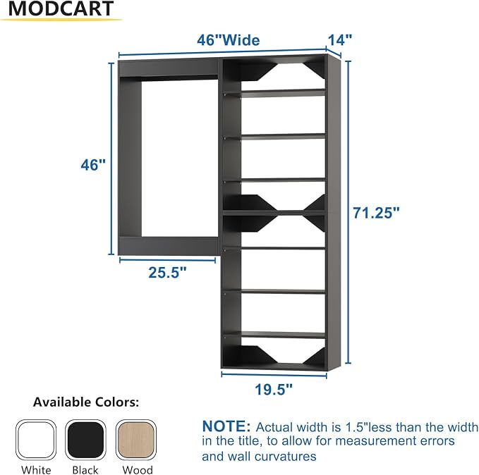 Modular Closet System, 46" Wide Closet Organizer System with Towers and Hanging, Wood Closet Tower Storage for Walk In Closets, Wall Mounted Wardrobe Organizer Kit System, Bedroom, Black