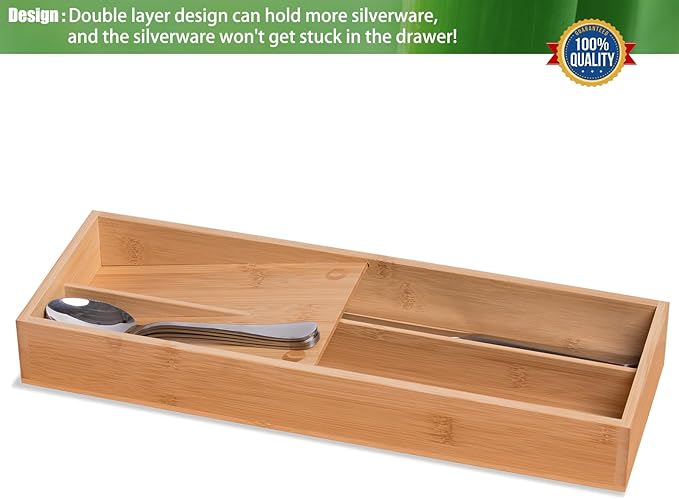 guiogc Bamboo Silverware Drawer Organizer, Kitchen Small Silverware Organizer, Utensil Tray Holder, Cutlery Tray for Spoons, Forks, Knives, Suitable for a family of 2-4