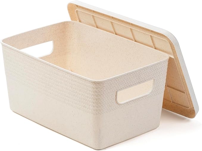 BINO | Plastic Storage Bins with Lids, 5 Liter - 3 Pack, Natural | THE BRAIDED COLLECTION | Plastic Bins for Organization Woven Storage Baskets for Organizing Pantry Shelf Organizer Basket Bin