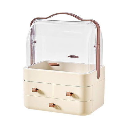 Makeup Organizer, Dustproof Cosmetic Storage Box with Portable Handle & Fully Open Waterproof Lid for Bathroom Countertop Bedroom Dresser(Cream White)