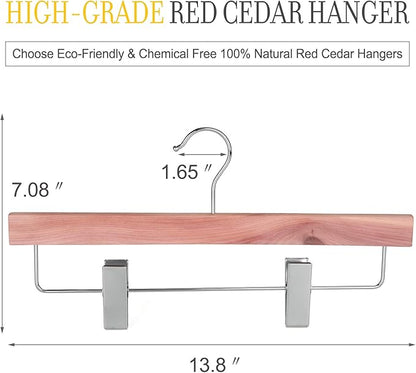 TOPIA HANGER 10 Pack American Red Cedar Natural Wooden Pants Skirt Slacks Bottoms Jeans Hangers with Metal Anti-Wrinkle Adjustable Clips, 360° Stronger Chrome Hooks, CT07P