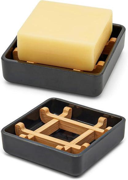 Bamboo Soap Dishes for Bar Soap Holders for Shower with Drainage for Bathroom Sink Bulk Small Wooden Soap Tray (Single Right Angle Black)