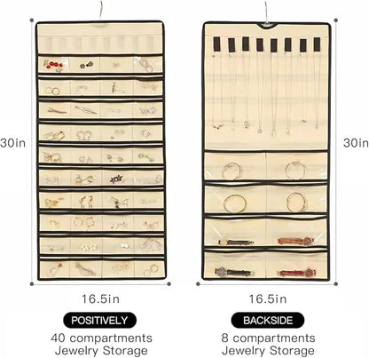 Double Sided Hanging Jewelry Organizer, 48 Pockets Clear Window Large Jewelry Hanging Organizer with Necklace Hanger, Wall/Door/Closet Stud Earring Bracelet Ring Storage