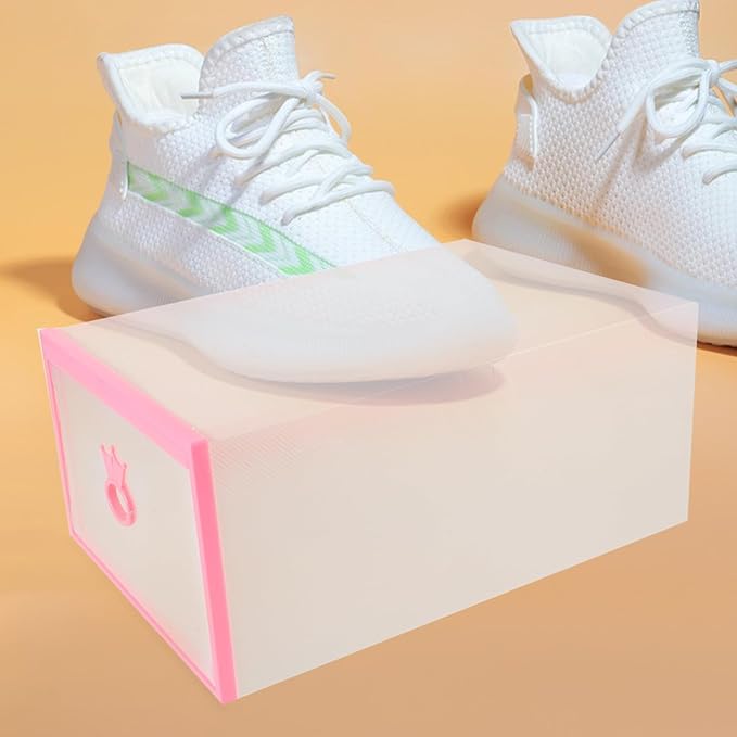 BESPORTBLE Drawer-style Thickened Plastic Shoes Storage Box with Window, 33x23x14cm, Rose Frame White Base, Unisex Shoe Organizer for Closet and Entryway Storage