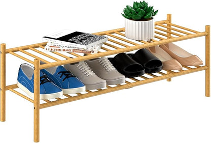 ROMGUAR CRAFT 2-Tier Bamboo Long Shoe Rack, Free Standing Wood Shoe Shelf Storage Organizer for Closet Entryway Stackable 35"x11"x13" (Natural)
