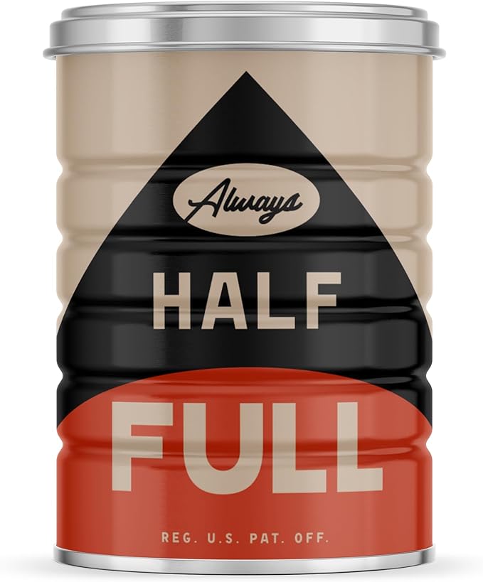 Retro Tin Can, Studio MPLS Designs, Collectable, Peel & Stick Valved End with Metal Lid, 8-12oz (4.0625 x 5.5 in) (Always Half Full Design)