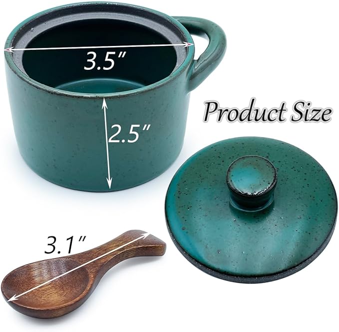 Ceramic Salt Cellar With Lid & Spoon,8oz Salt Container For Countertop,Sugar Bowl,Spice Jar(Green)