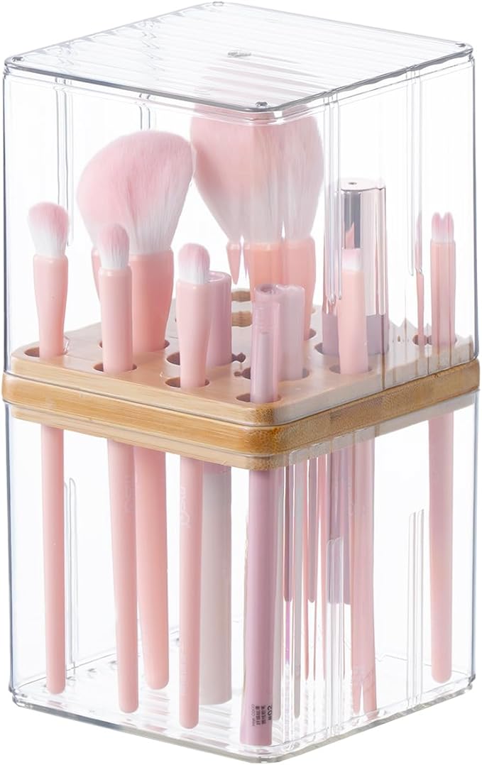 SUNFICON Makeup Brush Holder with Cover Makeup Brush Container With Lid Clear Makeup Brush Holder Organizer Waterproof Dustproof Beauty Brushes Storage Case Stand for Vanity Bathroom Countertop,Gift